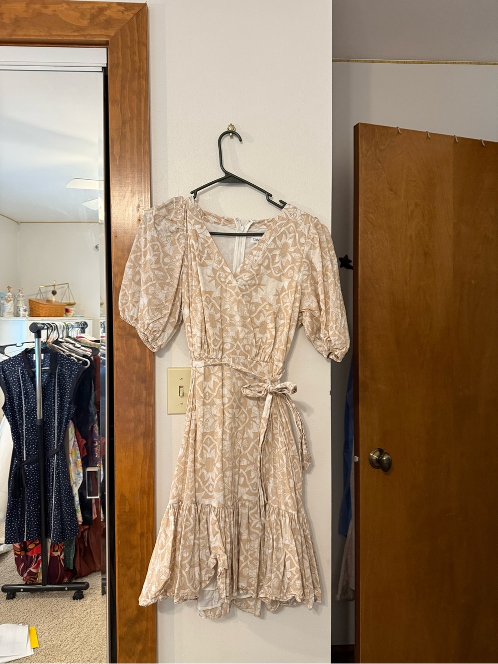 Calvin Klein Beige Floral Wrap Mini Dress with Puff Sleeves